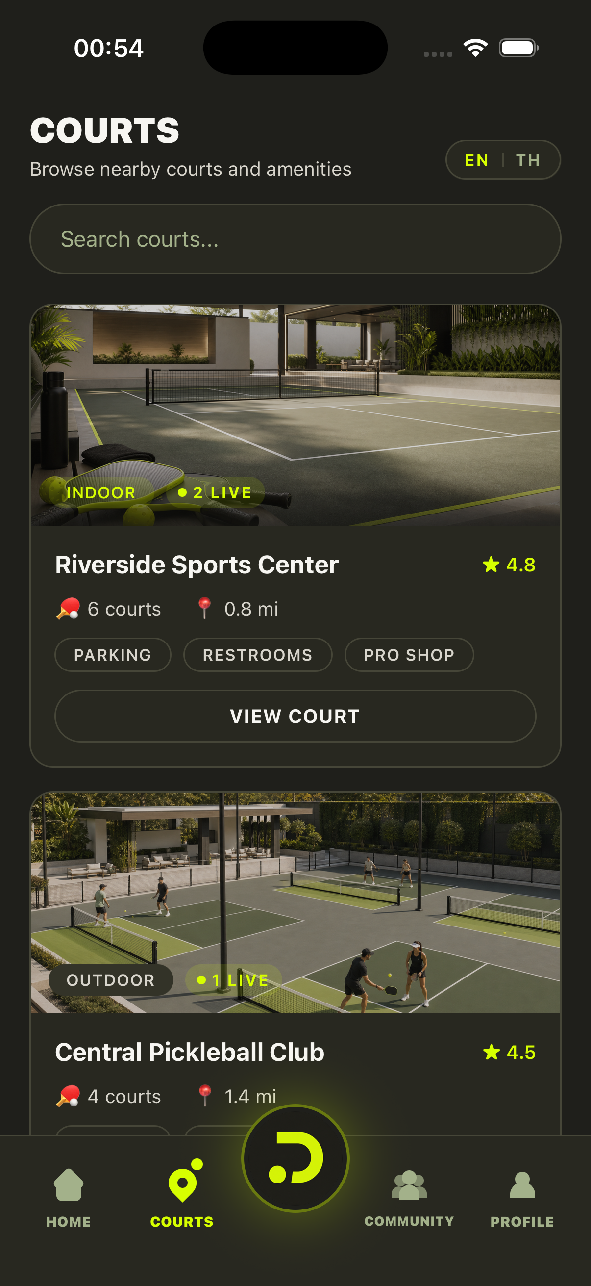 DINKR mobile app courts screen