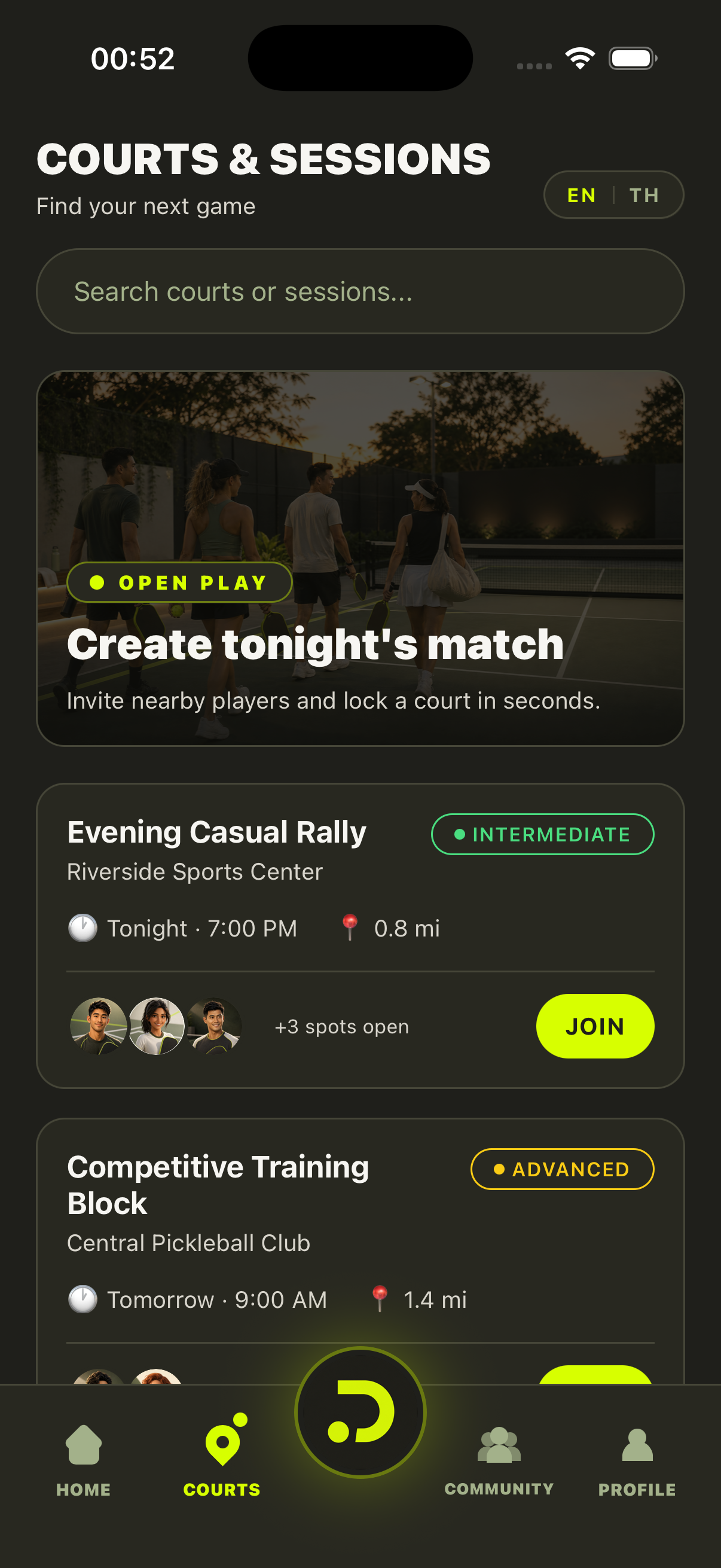 DINKR mobile app courts and sessions screen